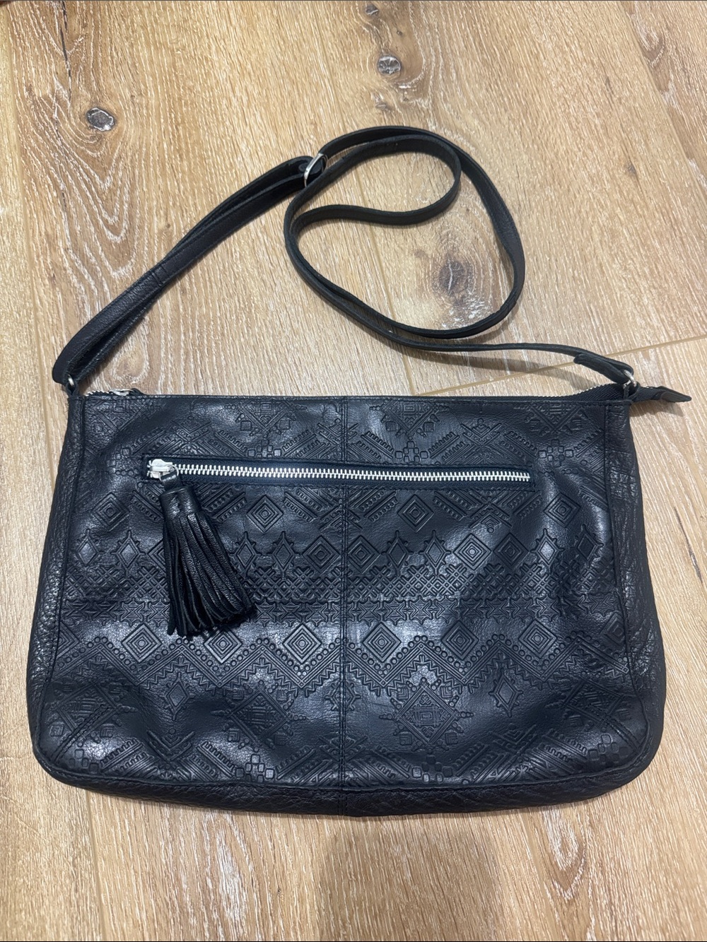 Anthropologie Day & Mood Black Embossed Leather Crossbody Bag with Tassel